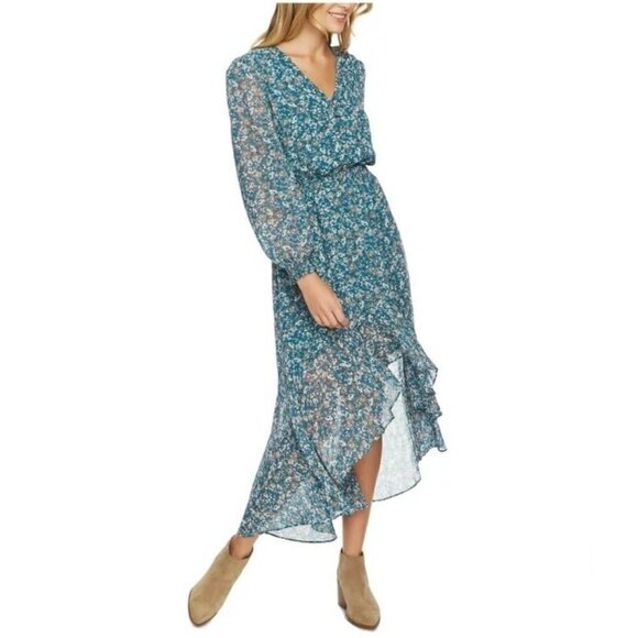 1.STATE Ruffle Dress Medium Long Sleeve Midi Green Floral Cottagecore Hi Lo - Picture 10 of 10